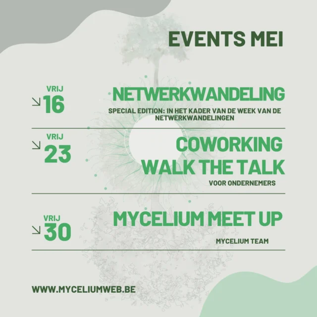 In mei gaan we weer all the way! Voor welke activiteit ben jij al ingeschreven? ⁠
⁠
🌟 Vrij 16/05 - Netwerkwandeling - special edition: in het kader van de week van de netwerkwandelingen⁠
⁠
🌟 Vrij 23/05 - Coworking / Walk the Talk - Netwerken voor gelijkgestemde dienstverleners die connectie en verbinding zoeken. - Voor ondernemers.⁠
⁠
🌟 Vrij 30/05 - Business Meet Up - Exclusief voor Mycelium Team-leden⁠
⁠
Ben jij of ken jij een ondernemer uit die buurt voor wie dit interessant kan zijn? Tag ze onder deze post.⁠
⁠
Alle tickets en info rond deze events zijn terug te vinden via de link in bio.⁠
⁠
Interesse om deel uit te maken van het Mycelium Team? Aarzel dan niet om ons te contacteren! 🙏⁠
⁠
#mycelium #myceliumweb #ondernemen #ondernemers #ondernemer #zelfontwikkeling #netwerk #netwerken #connectie #verbinding